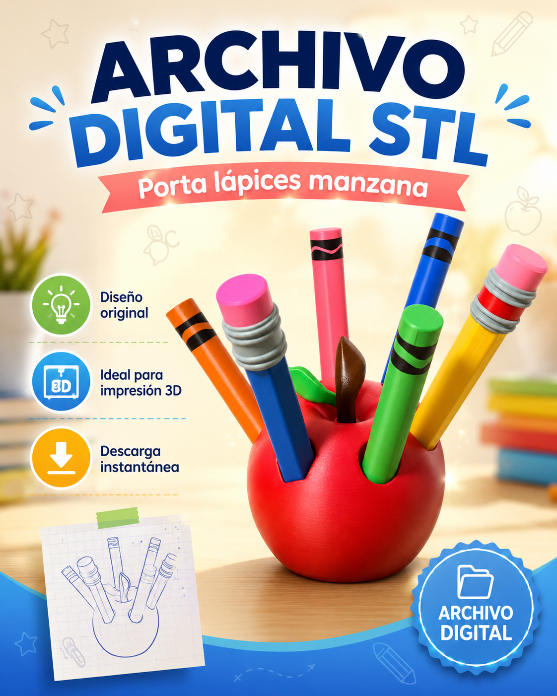 3MF Porta Lapicero En Forma De Manzana Para Pluma Jumbo
