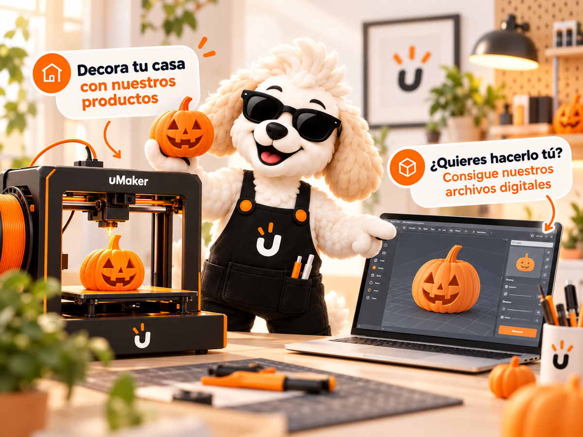 John en el taller creativo de uMaker, con impresora 3D, laptop con diseño de calabaza y producto decorativo: productos físicos, fabricación y archivos digitales